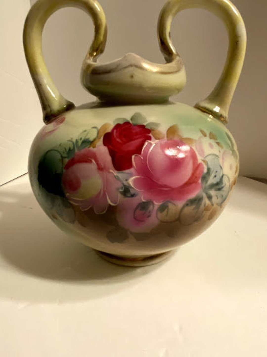 Vintage Unique Handled Hand Painted Roses Vase ~ 7x5 ~ German or Japan ...