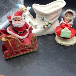 Adorno navideño de cartón de Papá Noel, adorno de cerámica para niña, duendecillo de Lefton en un zapato