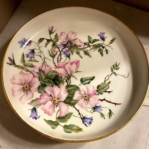 Limoges pedestal bowl/serving platter with painted wild roses stamped and dated 1929