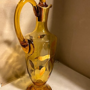 Regency amber glass floral etched decanter w/stopper gold detail ~ art glass decanter ~ fall decor