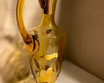 Vintage Amber Glass Decanter, Floral Etched Gold Detail