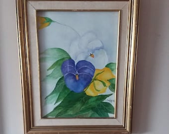 Quadro decorativo vintage em aquarela com amor-perfeito, assinado por J. Andrews '95 ~ Decoração de parede