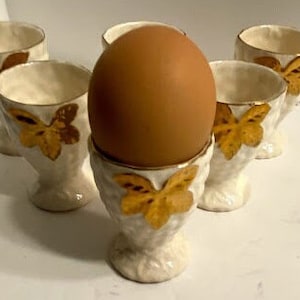 6 Egg Cups ~ Made in Japan ~ Cream Colored White w/Gold Leaf ~ Easter Egg Cup