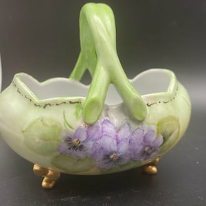 Porcelain footed trinket basket holder hand painted signed