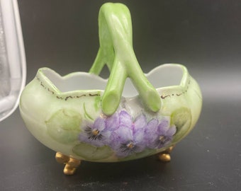 Porcelain footed trinket basket holder hand painted signed