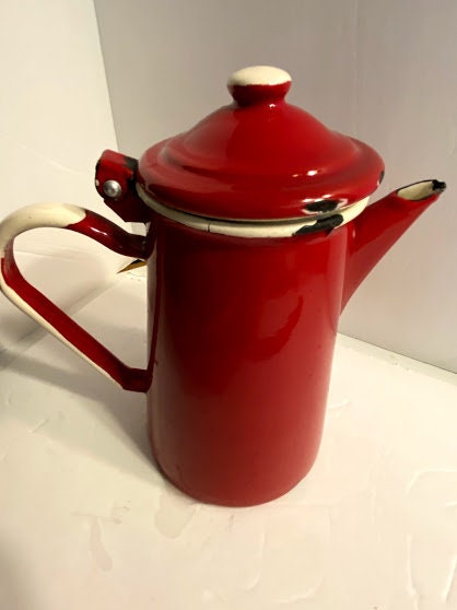 Emalia Olkusz 1907 Red Enamelware Coffee Pot ~ White Handle Clean