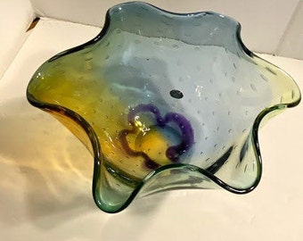 Adam Jablonski Fluted Ruffle Lead Crystal Bowl ~ Candy Dish ~ Controlled Bubbles ~ Glass Art Blue/Amber/Purple