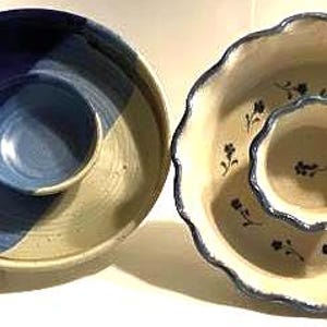 Signed handmade ceramic pottery chip and dip servers