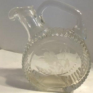 Vintage Pressglas Ahornsirupheber / Krug Florale Radierung EAPG? Heisey Glas? Depression Glas