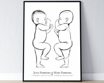 Birth Poster in Scale 1:1 | Twin Baby Poster, digital files
