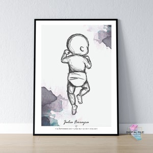 Póster de nacimiento de bebé personalizado a escala 1:1 / Impresión digital personalizada para recién nacidos / Arte infantil en acuarela / Recuerdo para bebé, descarga, archivo digital