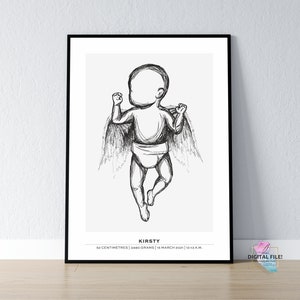 Póster de nacimiento de bebé personalizado a escala 1:1 / Impresión digital personalizada para recién nacidos / Arte infantil con alas de ángel / Recuerdo para bebé, descarga de archivos digitales