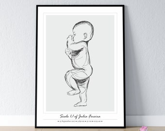 May include: A black and white line drawing of a baby standing on one leg. The drawing is on a light blue background with the text "Scale 1:1 of Julia Fereira" and "23 September 2017 3.630 kg 52 cm 11:03 AM".