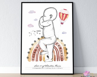 Birth Poster in Scale 1:1 | Personalized Baby Poster, Zodiac Sign, digital files, rainbow poster baby