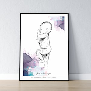 May include: A black and white illustration of a baby in a watercolor background with pink, purple, and blue hues. The text reads "Julia Ferreira" and "13 September 2017 - 3.610 KG - 52 CM - 11:03 AM".