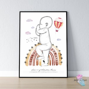 Geburtsposter im Maßstab 1:1 | Personalisiertes Babyposter, Sternzeichen, digitale Dateien, Regenbogenposter Baby