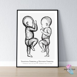 Geburtsposter im Maßstab 1:1 | Zwillings-Baby-Poster, digitale Dateien