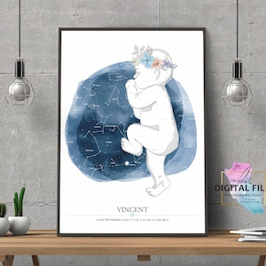 Poster de naissance à l'échelle 1:1 | Carte des étoiles personnalisée | Poster personnalisé pour bébé, fichier numérique