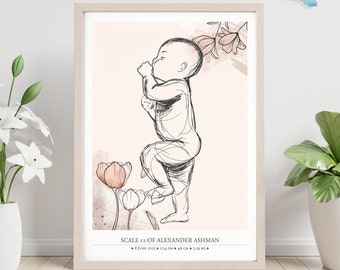 Könnte beinhalten: Eine gerahmte Skizze eines Babys in stehender Pose, mit floralen Akzenten und Text. Das Kunstwerk ist in Schwarzweiß auf rosa Hintergrund. Der Text lautet "SCALE 1:1 OF ALEXANDER ASHMAN" mit Datum, Uhrzeit und Maßen: 46 cm und 2,59 kg.