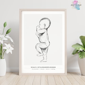 Personalisiertes Baby Poster, Illustration eines Neugeborenen im Maßstab 1:1, Geburtsgeschenk, Geburtsposter, Baby Wandkunst, individuelles Babyposter, DIGITALE DATEI