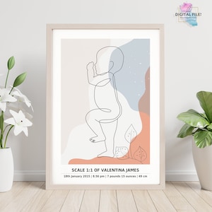 Póster de nacimiento de bebé a escala 1:1 / Póster de cumpleaños de recién nacido, ilustración abstracta, archivo DIGITAL