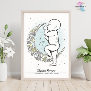 Ilustración de nacimiento de bebé a escala 1:1 / Póster personalizado para recién nacidos / Descarga digital / Nombre, longitud, peso y signo del zodiaco personalizados