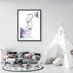 May include: A black and white line drawing of a baby standing with a watercolor background in shades of pink, purple, and blue. The name "Julia Ferreyra" is printed below the drawing.
