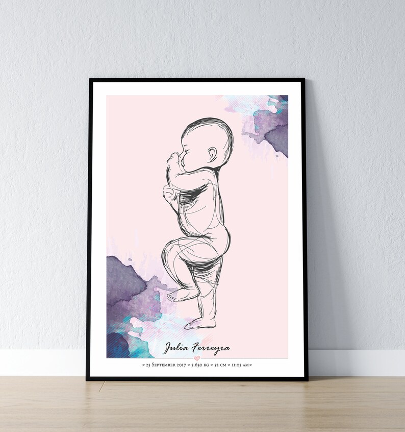 May include: A pink watercolor background with a black line drawing of a baby. The text "Julia Ferreyra" is below the drawing, along with the date "23 September 2017", weight "3,630 KG", length "52 CM", and time "11:03 AM".