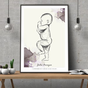 May include: A black and white line drawing of a baby standing with a watercolor background in shades of purple. The text "Julia Ferreyra" and "23 September 2017 - 3.650 kg - 52 cm - 11:03 AM" is printed below the drawing.