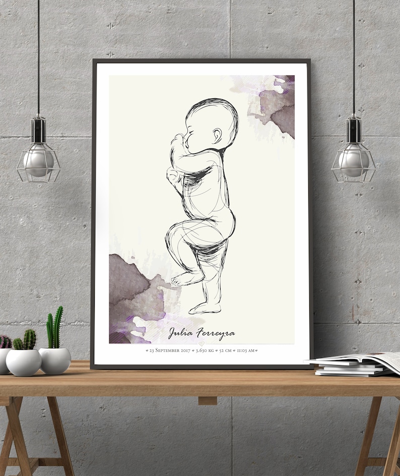 May include: A black and white line drawing of a baby standing with a watercolor background in shades of purple. The text "Julia Ferreyra" and "23 September 2017 - 3.650 kg - 52 cm - 11:03 AM" is printed below the drawing.