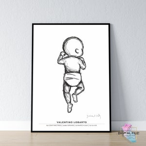 May include: A black and white line drawing of a baby lying on its back. The baby is wearing a nappy and has its arms up by its head. The text "VALENTINO LOBARTO" is below the drawing, along with the baby's birth information: 52 centimetres, 3480 grams, 15 March 2021, 12:13 A.M.
