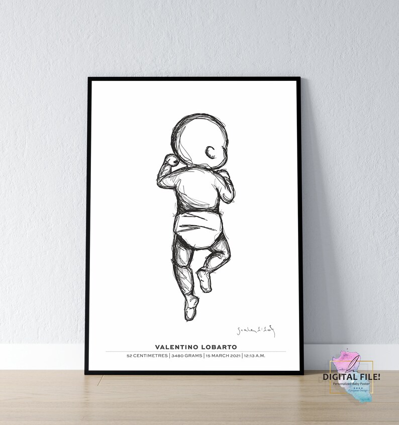 May include: A black and white line drawing of a baby lying on its back. The baby is wearing a nappy and has its arms up by its head. The text "VALENTINO LOBARTO" is below the drawing, along with the baby's birth information: 52 centimetres, 3480 grams, 15 March 2021, 12:13 A.M.
