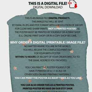 May include: A digital file download for a printable birth poster. The text on the image reads "This is a digital file! Digital Download. This is an image file (digital product). This image file will be sent by email in JPG and PDF format with a resolution of 300 DPI for clear and sharp prints (not a printed poster), i.e. the poster must be printed by yourself or a print shop (e.g. online print shop) or in a copy shop become. Why order a digital (printable) image file? No matter where you are in the world, you will receive the completed print file for your birth poster within 72 hours of receipt of your order directly to the email address you provided. You can print the poster yourself or have it printed at a 1:1 scale or other sizes on any printable materials. You can print the poster as many times as you like. You can also order this as a printed poster. Printed poster we have on our Etsy shop. Please feel free to get in touch!"