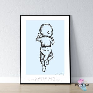 May include: A black and white line drawing of a baby lying on its back with its arms raised above its head. The drawing is on a light blue background with the text "VALENTINO LOBARTO 52 CENTIMETRES | 3480 GRAMS | 15 MARCH 2021 | 12:13 A.M."