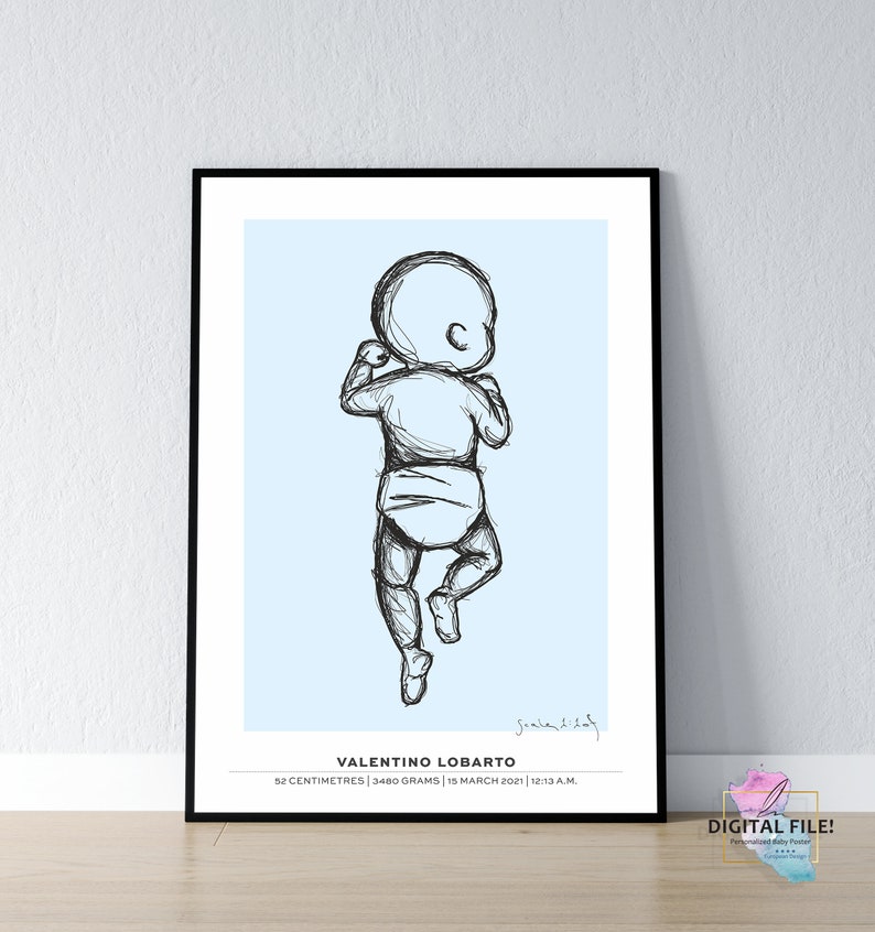 May include: A black and white line drawing of a baby lying on its back with its arms raised above its head. The drawing is on a light blue background with the text "VALENTINO LOBARTO 52 CENTIMETRES | 3480 GRAMS | 15 MARCH 2021 | 12:13 A.M."