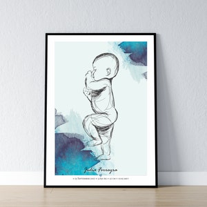 May include: A watercolor-style illustration of a baby in a blue and purple color scheme. The baby is drawn in black and white and is holding its hand to its mouth. The text "Julia Ferreira" is written below the baby, along with the date "23 September 2017", weight "3,610 g", height "52 cm", and time "11:03 AM".