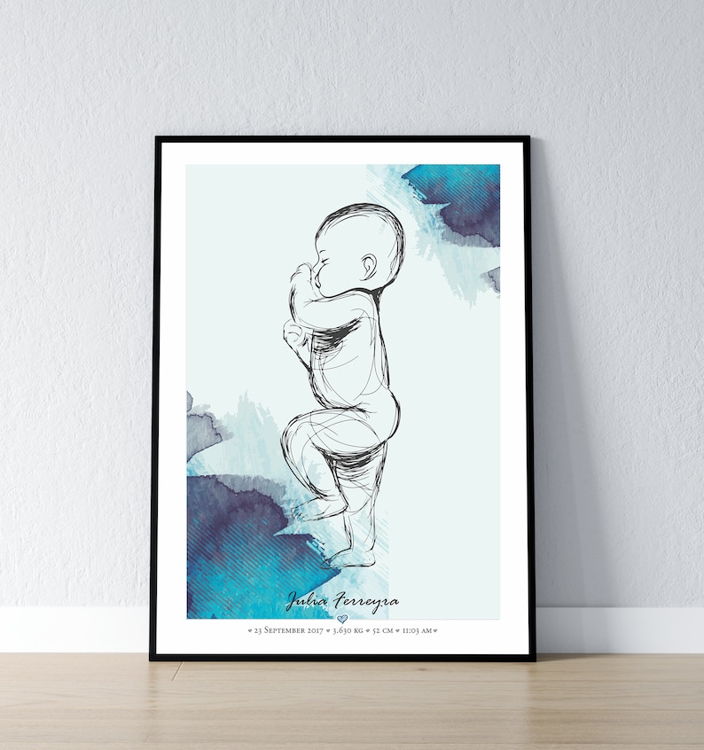 May include: A watercolor-style illustration of a baby in a blue and purple color scheme. The baby is drawn in black and white and is holding its hand to its mouth. The text "Julia Ferreira" is written below the baby, along with the date "23 September 2017", weight "3,610 g", height "52 cm", and time "11:03 AM".