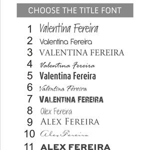May include: A list of 11 different font styles for a title, showing the name "Valentina Fereira" and "Alex Fereira" in each style.