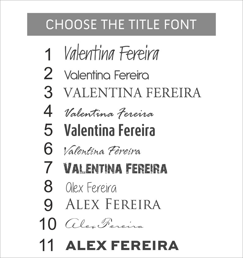 May include: A list of 11 different font styles for a title, showing the name "Valentina Fereira" and "Alex Fereira" in each style.