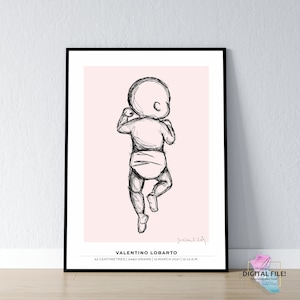May include: A black and white sketch of a baby on a pink background. The baby is lying on its back with its arms and legs outstretched. The text "VALENTINO LOBARTO" is below the sketch, along with the baby's birth details: 52 centimetres, 3480 grams, 15 March 2021, 12:13 A.M.