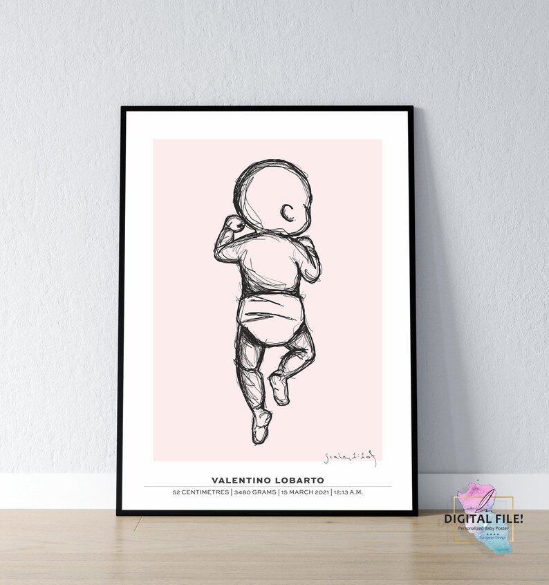 May include: A black and white sketch of a baby on a pink background. The baby is lying on its back with its arms and legs outstretched. The text "VALENTINO LOBARTO" is below the sketch, along with the baby's birth details: 52 centimetres, 3480 grams, 15 March 2021, 12:13 A.M.