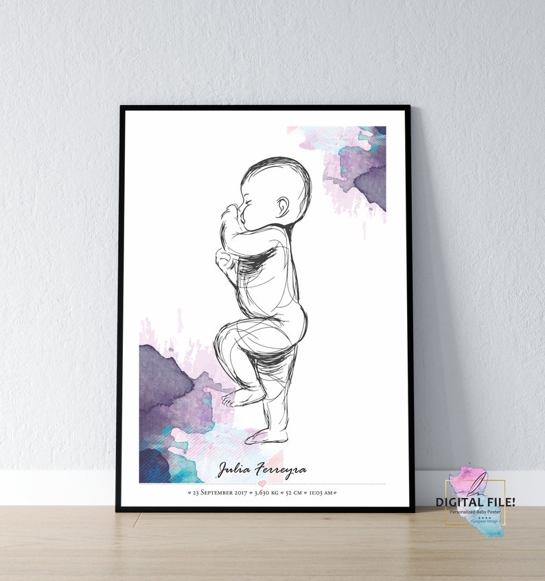 The artwork is scaled to the actual length of the baby at birth. At the bottom we print your baby's birth details – name, length, weight and birthday. Watercolor