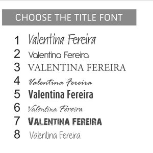 May include: A screen capture of a design template showing eight different font styles for the name "Valentina Fereira". The text "Choose the title font" is at the top of the image.