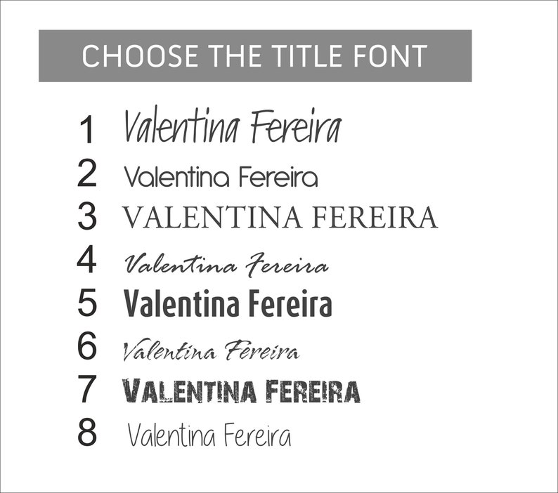 May include: A screen capture of a design template showing eight different font styles for the name "Valentina Fereira". The text "Choose the title font" is at the top of the image.