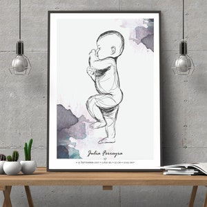 May include: A black and white line drawing of a baby standing with a watercolor background in shades of purple and blue. The text "Julia Ferreira" is below the drawing, along with the date "23 September 2017", weight "3.650 kg", height "52 cm", and time "11:03 AM".