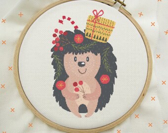 Hedgehog Christmas Cross Stitch, Hedgehog Christmas Stitch, Christmas Cross Stitch, Modern Cross Stitch Pattern, PDF Instant Download