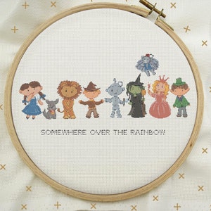 May include: A cross-stitch embroidery hoop with a white background and a scene from the Wizard of Oz. The characters Dorothy, the Scarecrow, the Tin Man, the Cowardly Lion, the Wicked Witch of the West, Glinda the Good Witch, and Toto the dog are depicted in the scene. The text "Somewhere Over the Rainbow" is stitched below the characters.