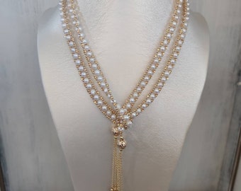 Sautoir collier ceinture en plaqué or avec perles d'eau douce