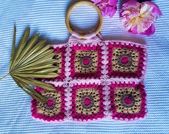 Blush Pink Beach Rattan Handle Crochet Bag