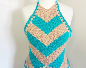 Crochet 70’s Boho Natural Colour Block Chevron Stripe Top